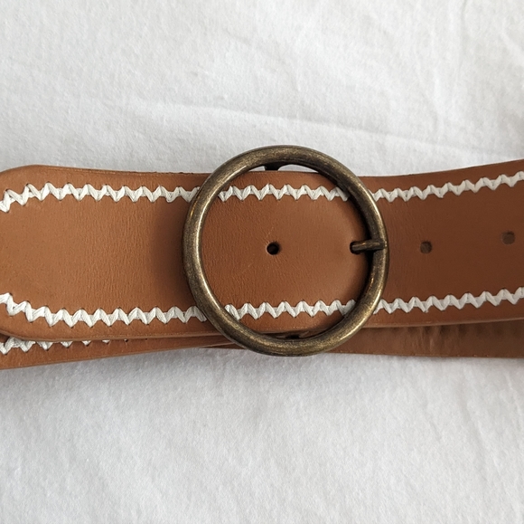 Sezane Alicia Leather Belt Natural Tan color with white Embroidery Size 80 - Picture 3 of 6